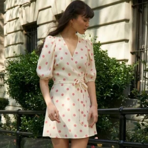 Reformation Dresses & Skirts - NWOT Reformation Olince White Polka Dot Wrap Dress Large